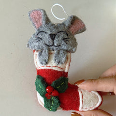 Handmade Felted Wool Christmas Cat in Stocking Ornament