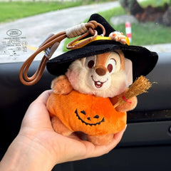 Chipmunk plush bag charm in pumpkin witch costume with broom