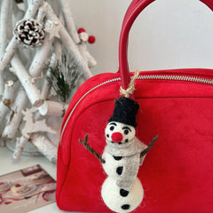 Christmas Snowman with Black Hat Needle Felted Bag Charms Keychain