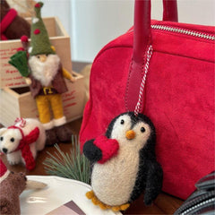 Christmas Penguin Hug Red Heart Needle Felted Bag Charms Keychain