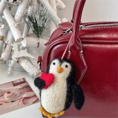 Christmas Penguin Hug Red Heart Needle Felted Bag Charms Keychain