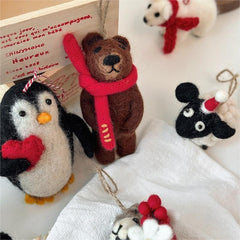 Christmas Penguin Hug Red Heart Needle Felted Bag Charms Keychain