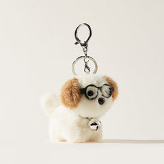 Adorable Dog Plush Bag Charm with Glasses and Bell