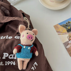 Cute Piggy in Blue Needle Felted Bag Charms