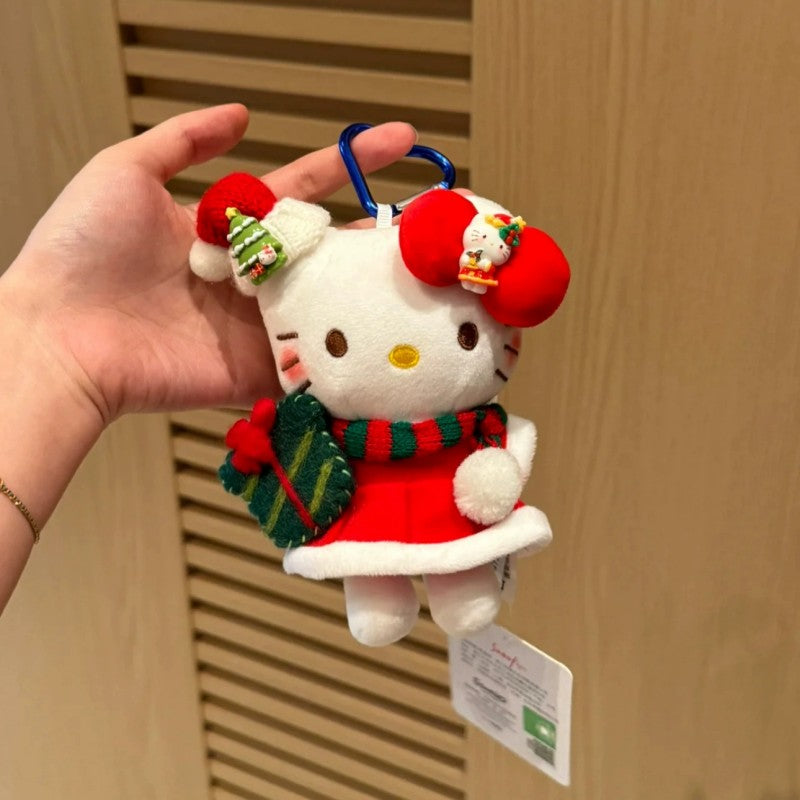 Hello Kitty Christmas plush bag charm with red dress and gift box
