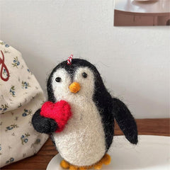 Christmas Penguin Hug Red Heart Needle Felted Bag Charms Keychain