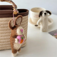 Brown Bunny with A Carrot Heart Needle Felted Bag Charms