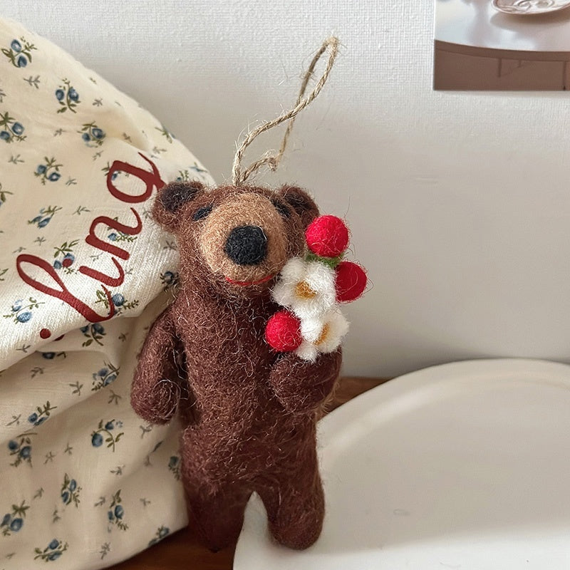 Christmas Bear with Flower Needle Felted Bag Charms