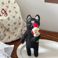 Christmas Black Cat with Flower Needle Felted Bag Charms