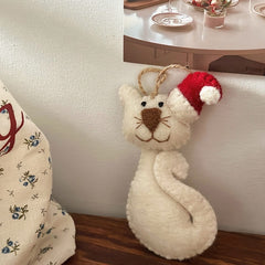 Christmas White Cat with Santa Hat Needle Felted Bag Charms