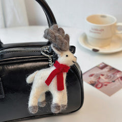 Christmas White Reindeer with Red Scarve Needle Felted Bag Charms