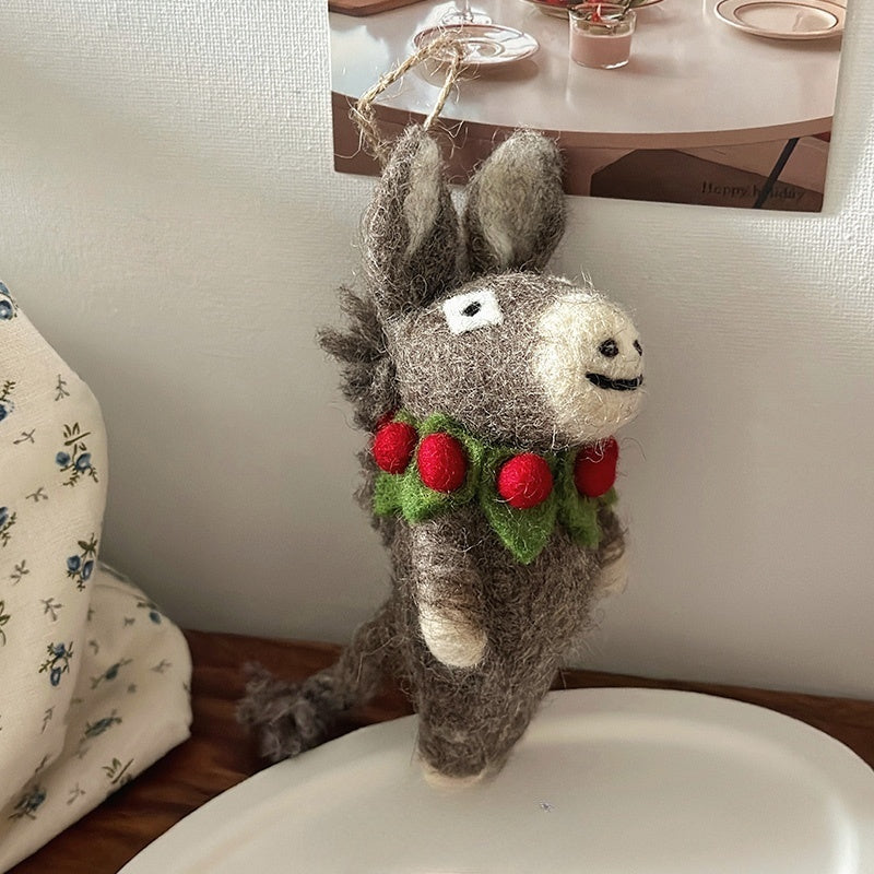 Felted Donkey Christmas Ornament with Festive Wreath Bag Charms