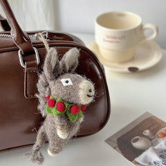 Felted Donkey Christmas Ornament with Festive Wreath Bag Charms