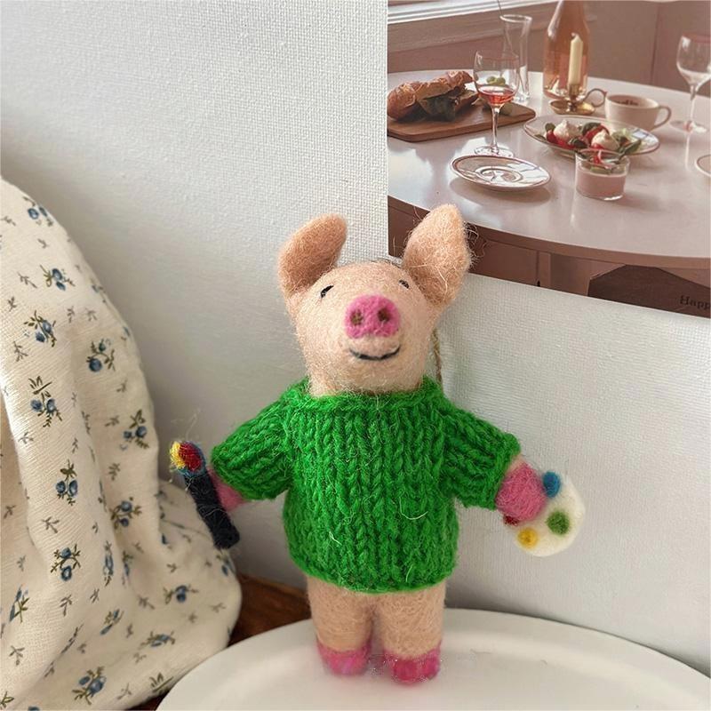 Cute Piggy in Green Needle Felted Bag Charms